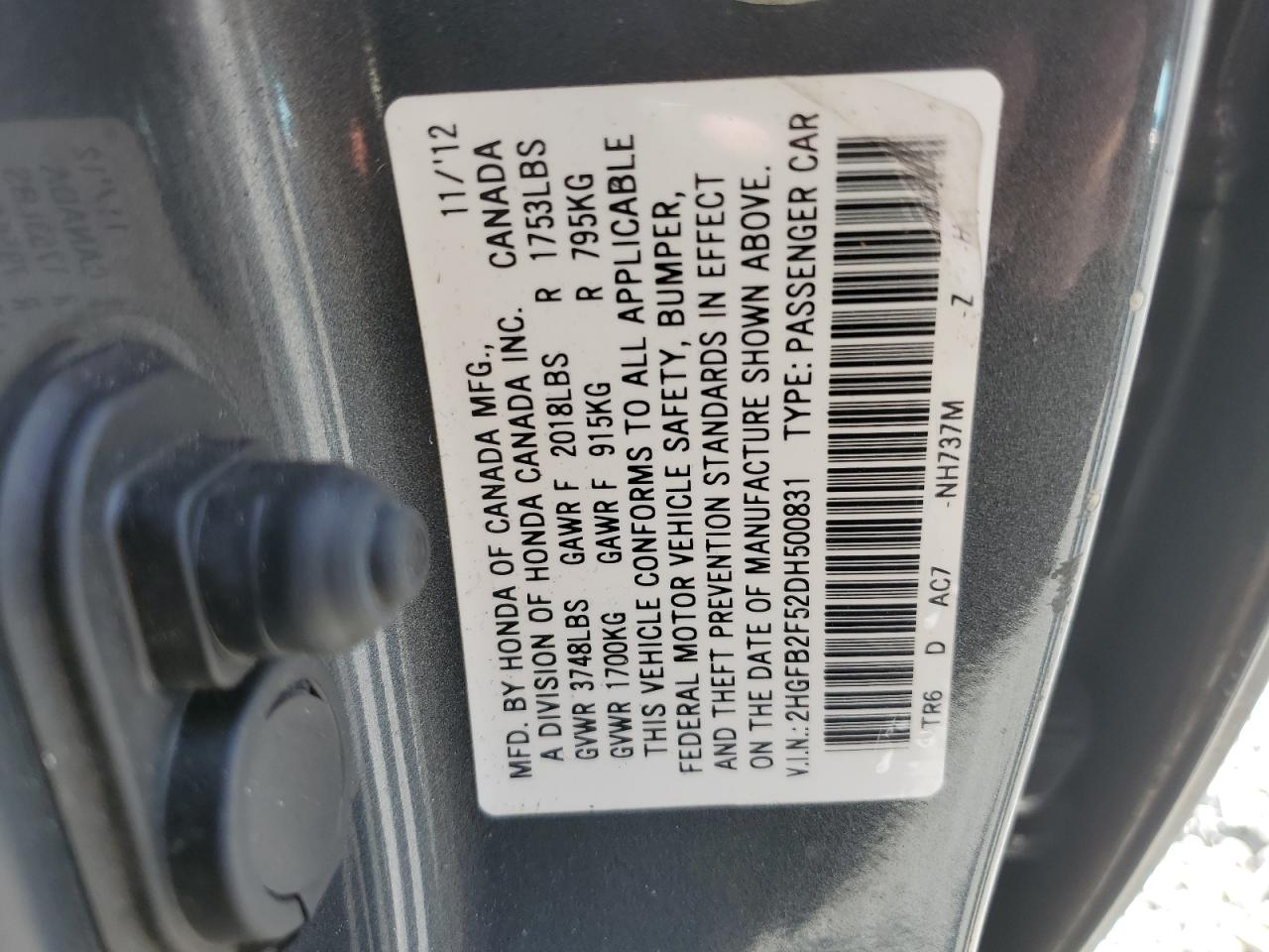 2HGFB2F52DH500831 2013 Honda Civic Lx