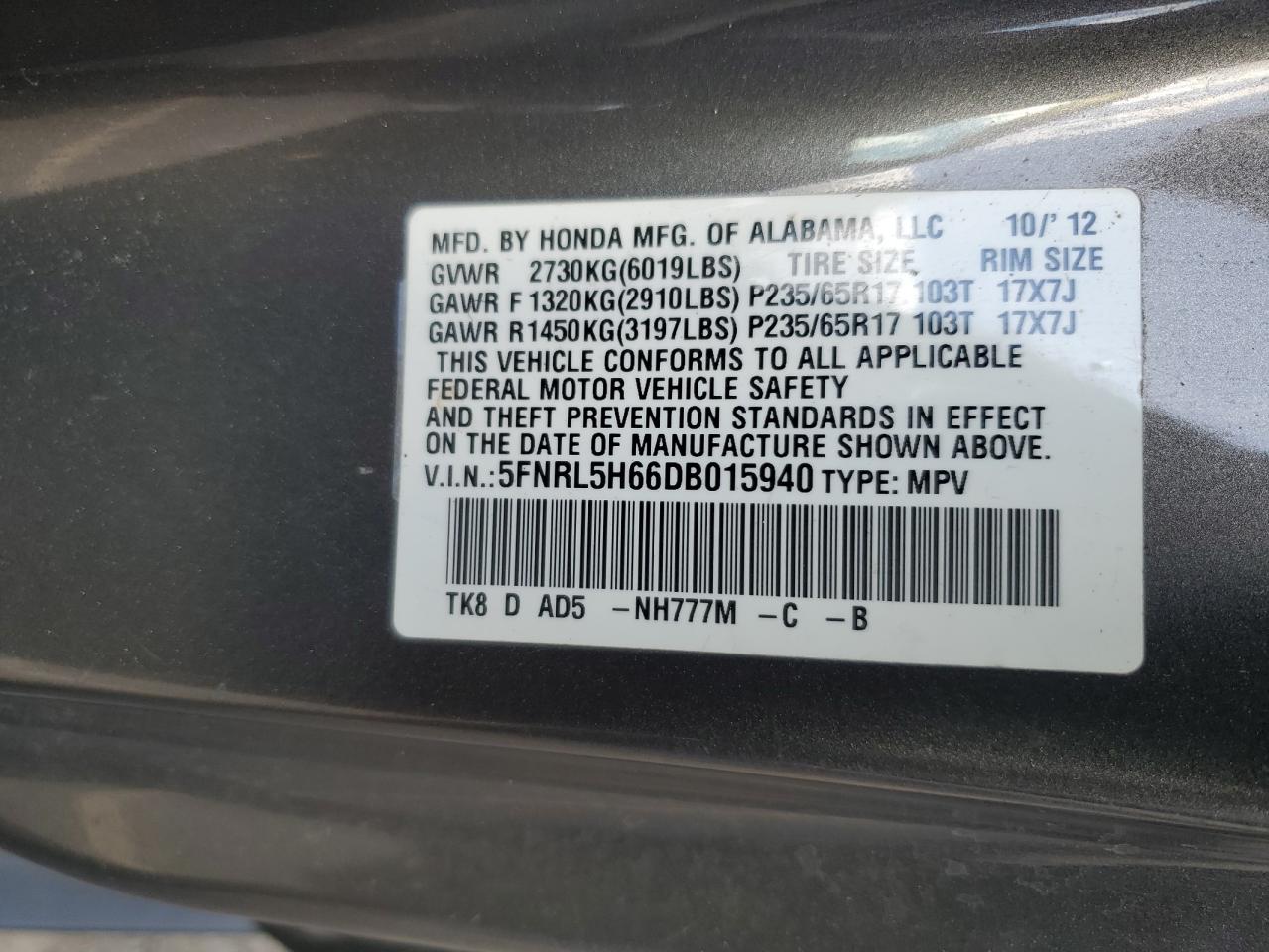 5FNRL5H66DB015940 2013 Honda Odyssey Exl