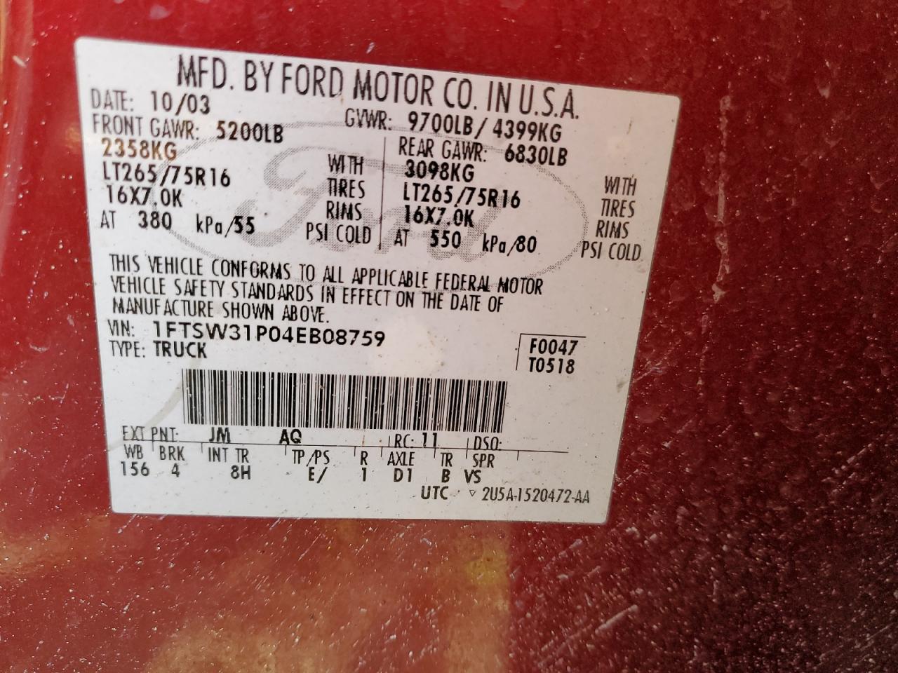 1FTSW31P04EB08759 2004 Ford F350 Srw Super Duty