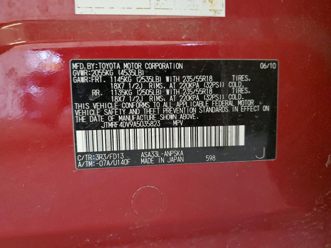 JTMRF4DV9A5035823 2010 Toyota Rav4 Sport