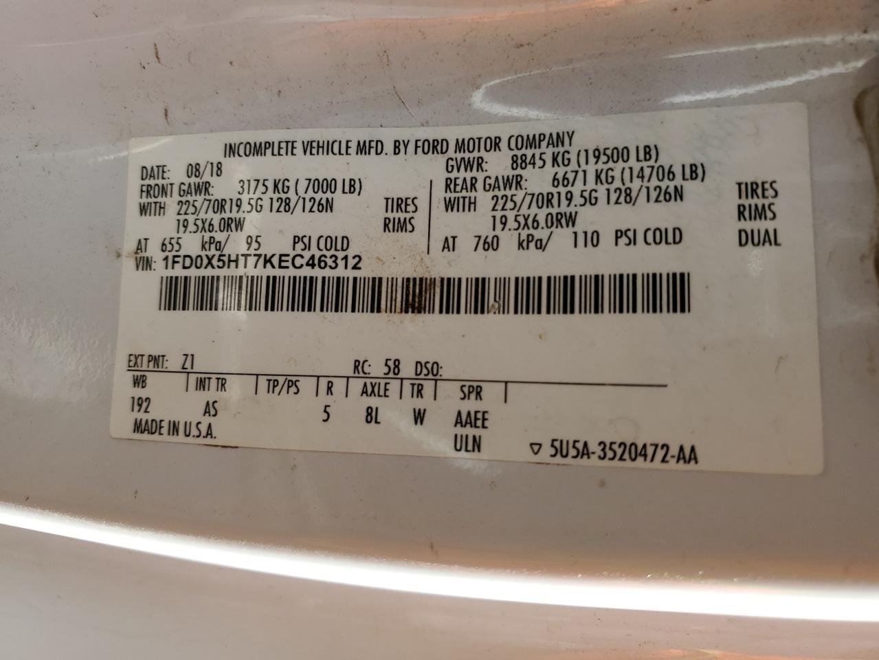 1FD0X5HT7KEC46312 FORD F550 2019