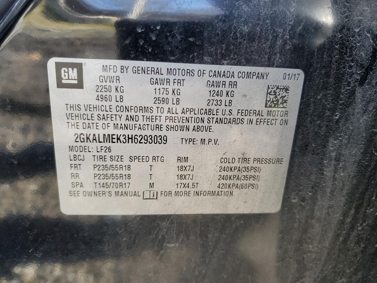 2017 GMC Terrain Sle vin: 2GKALMEK3H6293039