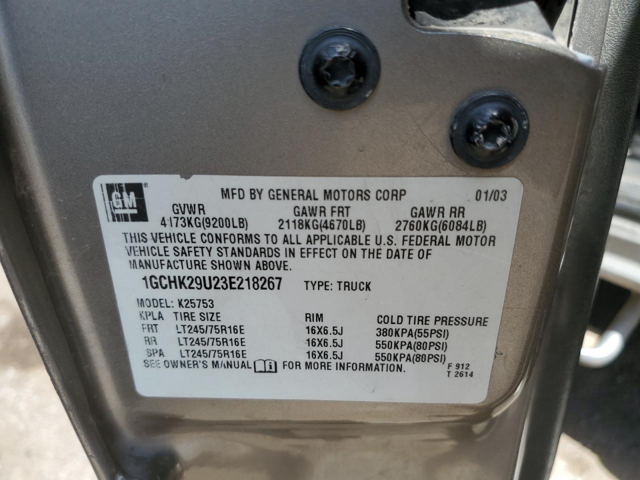 1GCHK29U23E218267 2003 Chevrolet Silverado K2500 Heavy Duty