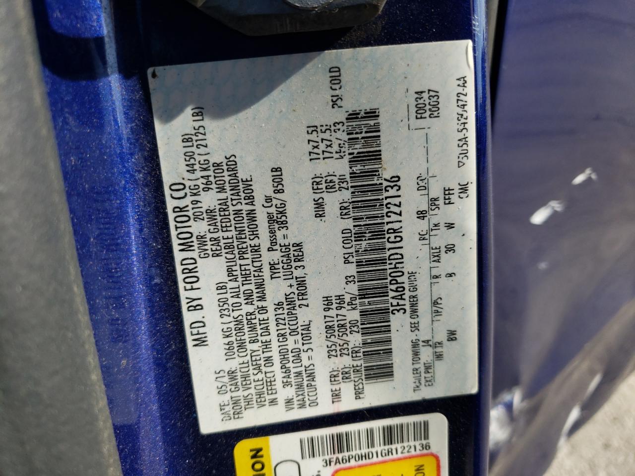 3FA6P0HD1GR122136 FORD FUSION 2016