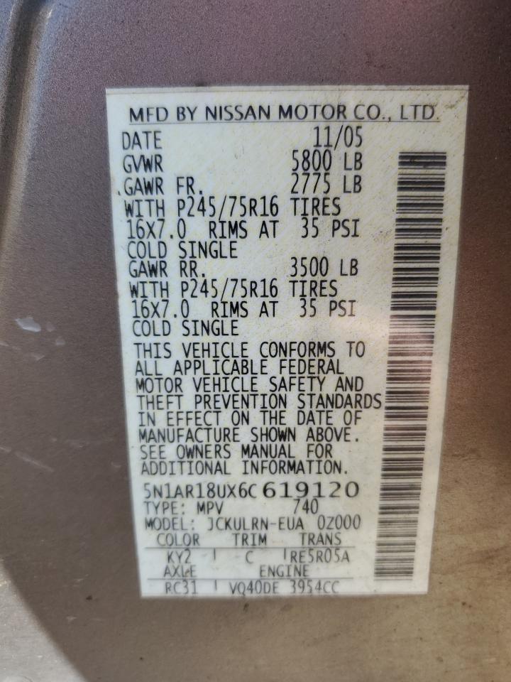 5N1AR18UX6C619120 2006 Nissan Pathfinder Le