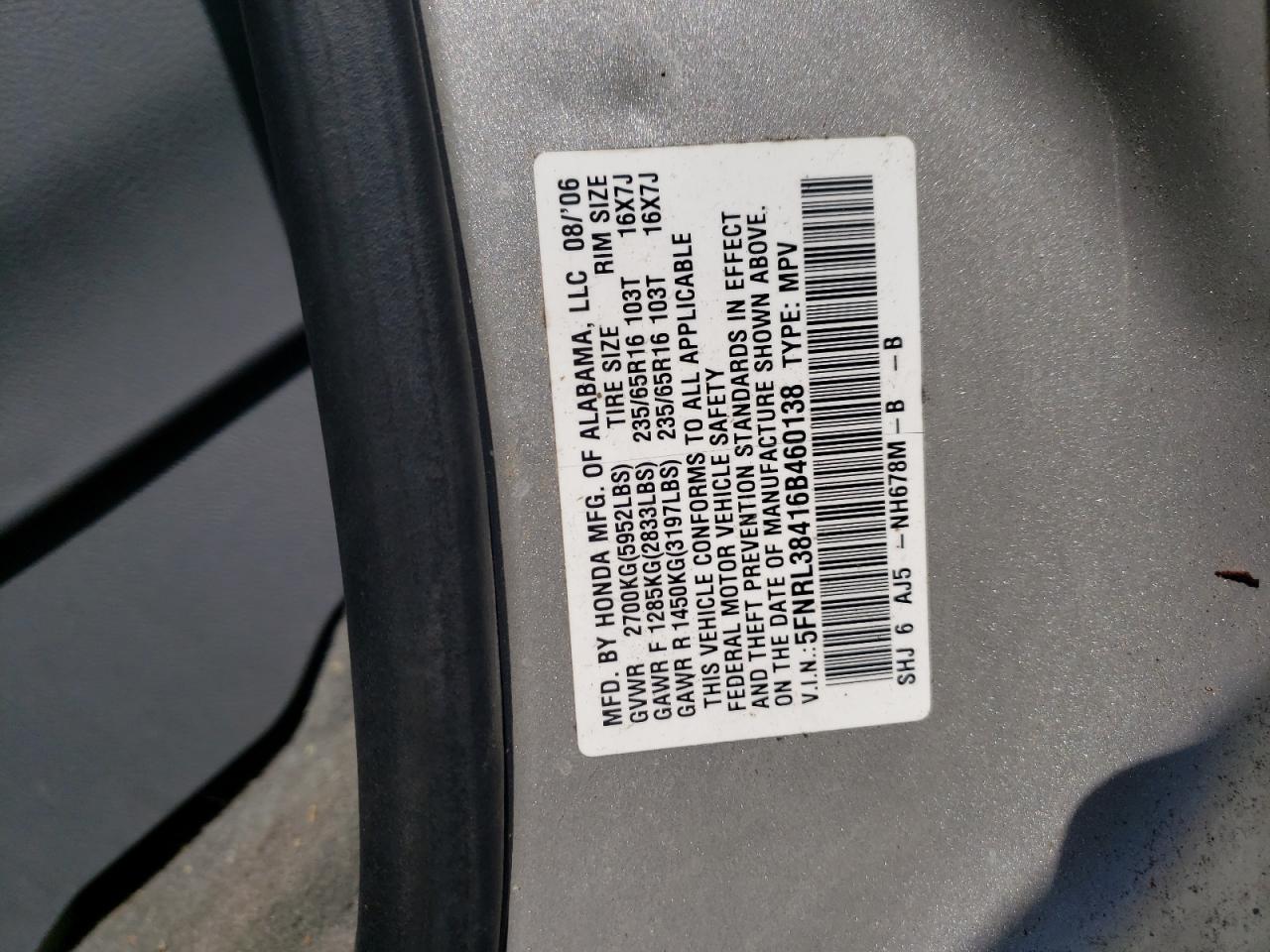 5FNRL38416B460138 2006 Honda Odyssey Ex