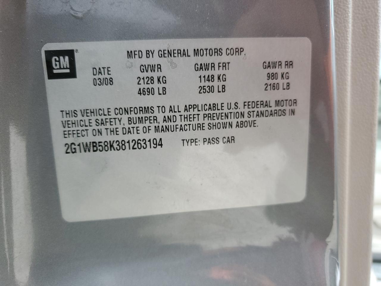 2G1WB58K381263194 2008 Chevrolet Impala Ls