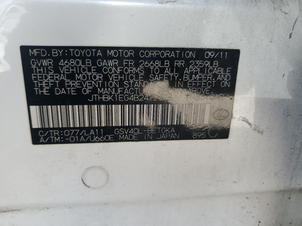 JTHBK1EG4B2472478 2011 Lexus Es 350