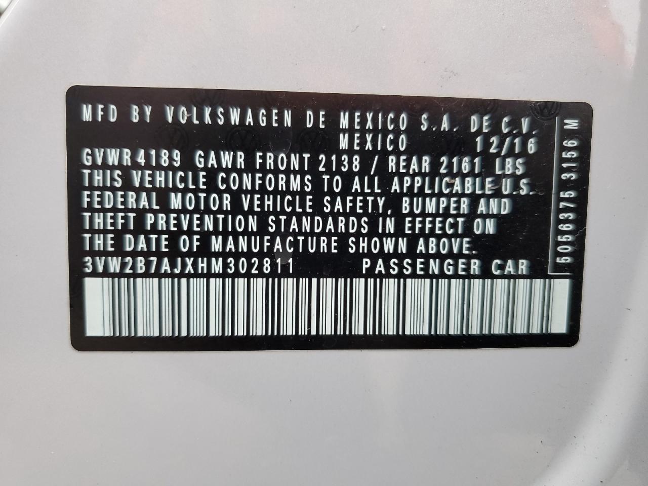 3VW2B7AJXHM302811 2017 Volkswagen Jetta S