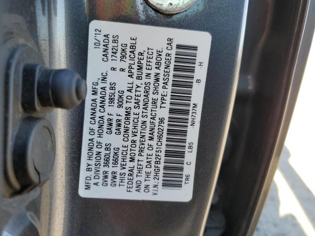 Image 12 of 2012 Honda Civic salvage vehicle - Lot #47597614 at Copart