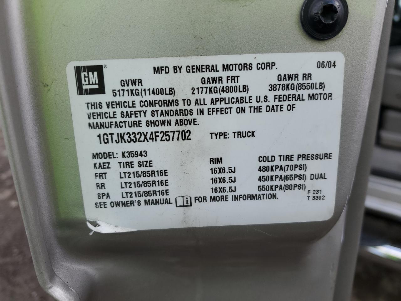 1GTJK332X4F257702 2004 GMC New Sierra K3500