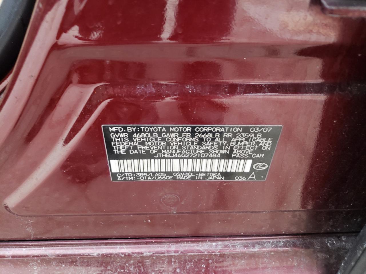 JTHBJ46G272107484 2007 Lexus Es 350