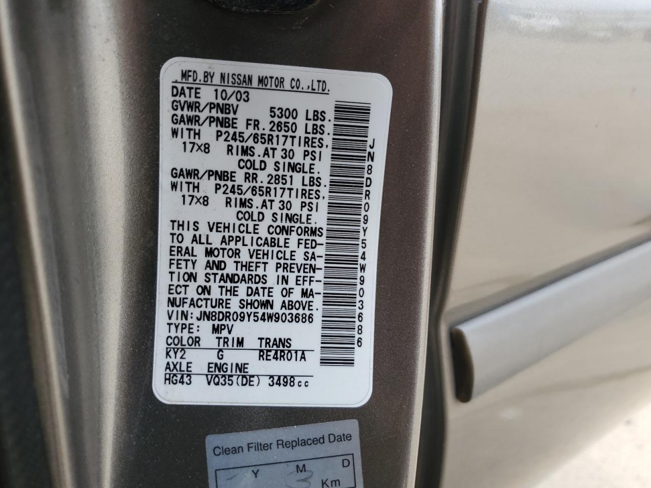 JN8DR09Y54W903686 2004 Nissan Pathfinder Le