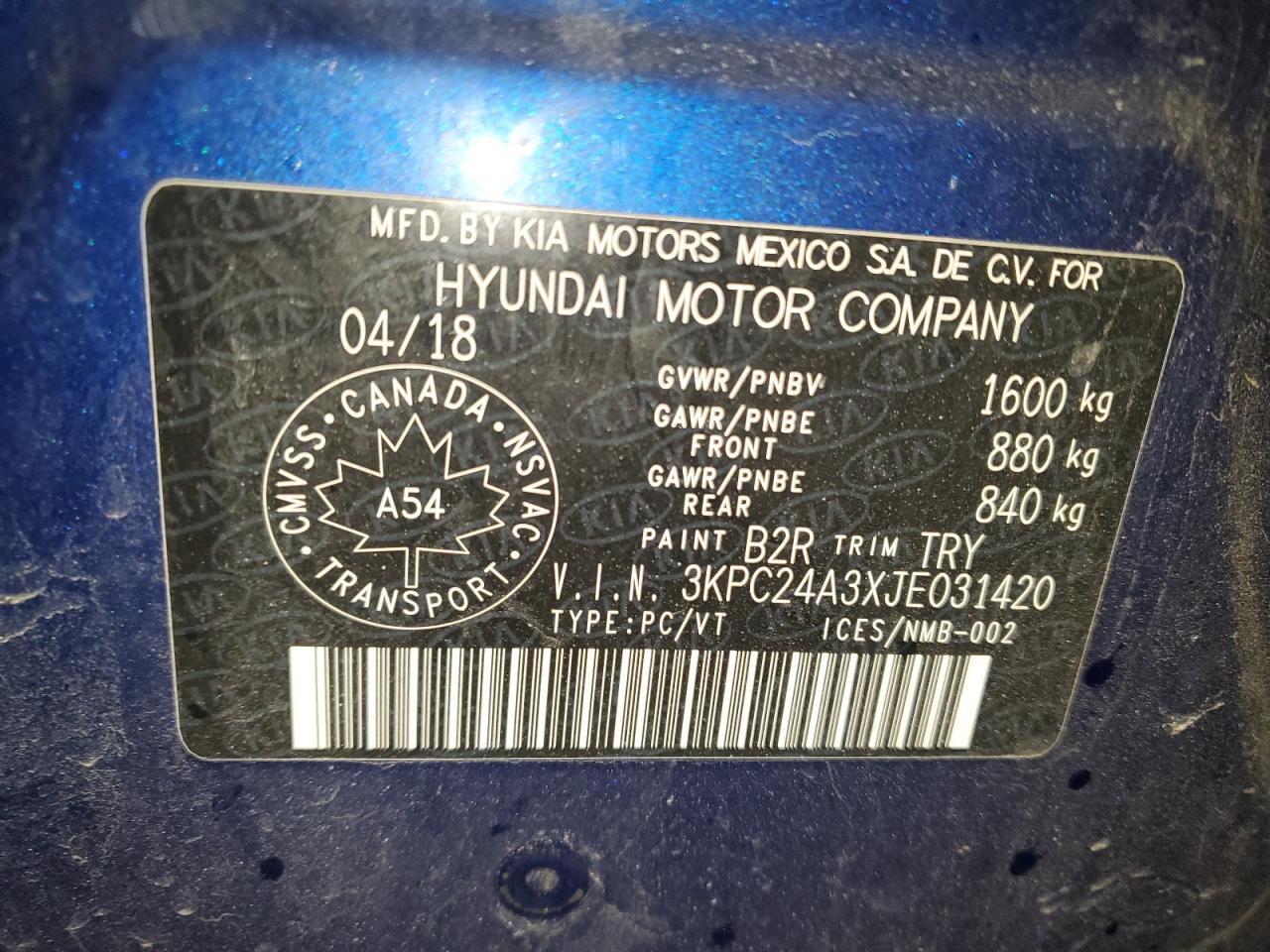 3KPC24A3XJE031420 2018 Hyundai Accent Se