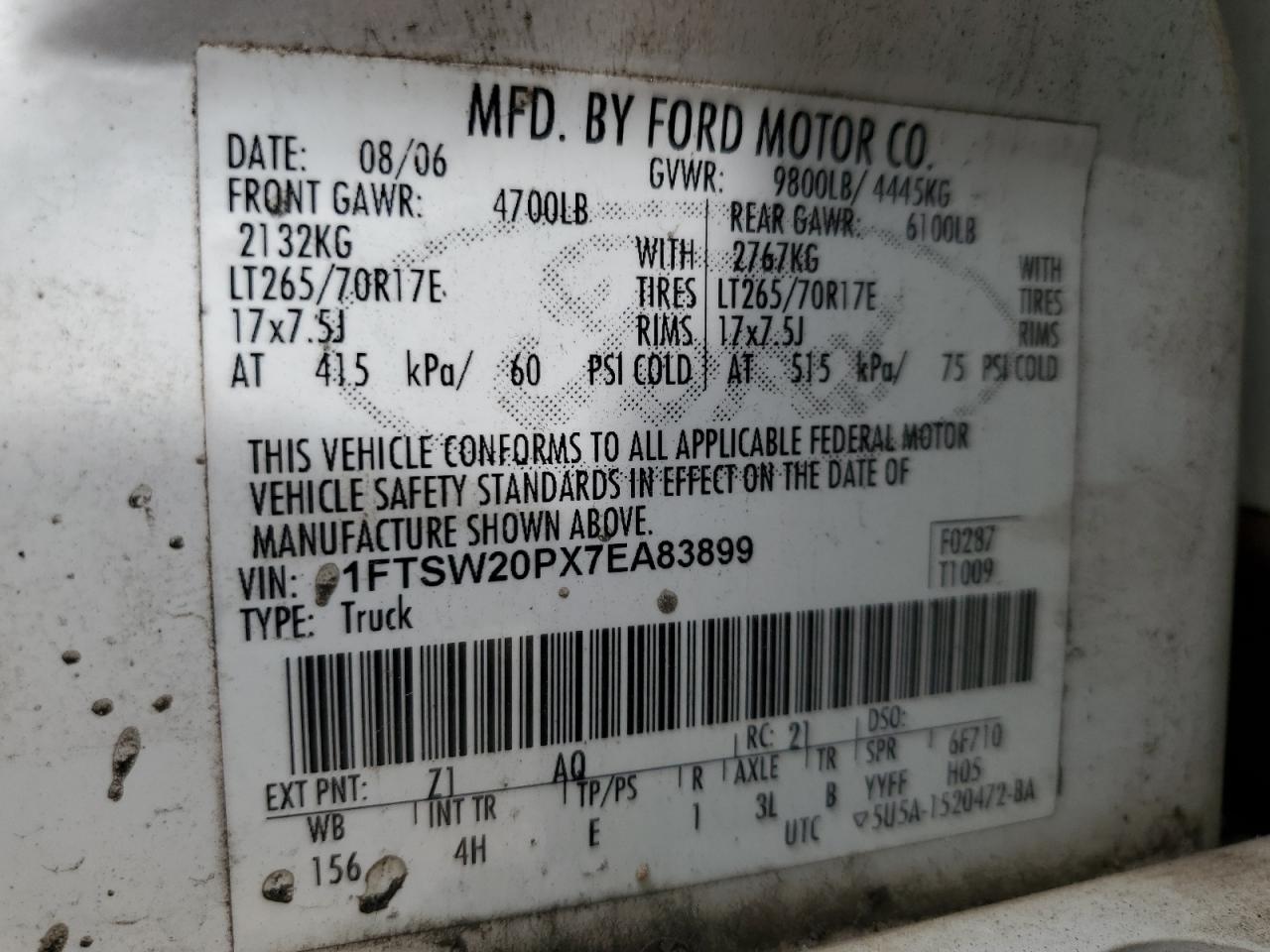 1FTSW20PX7EA83899 2007 Ford F250 Super Duty 1FTSW20PX7EA83899 2007 Ford F250 Super Duty