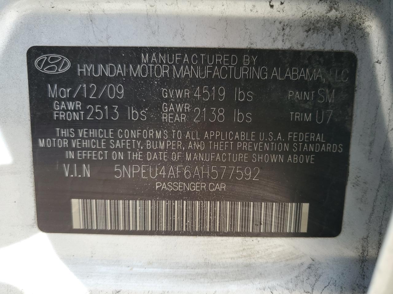 5NPEU4AF6AH577592 2010 Hyundai Sonata Se