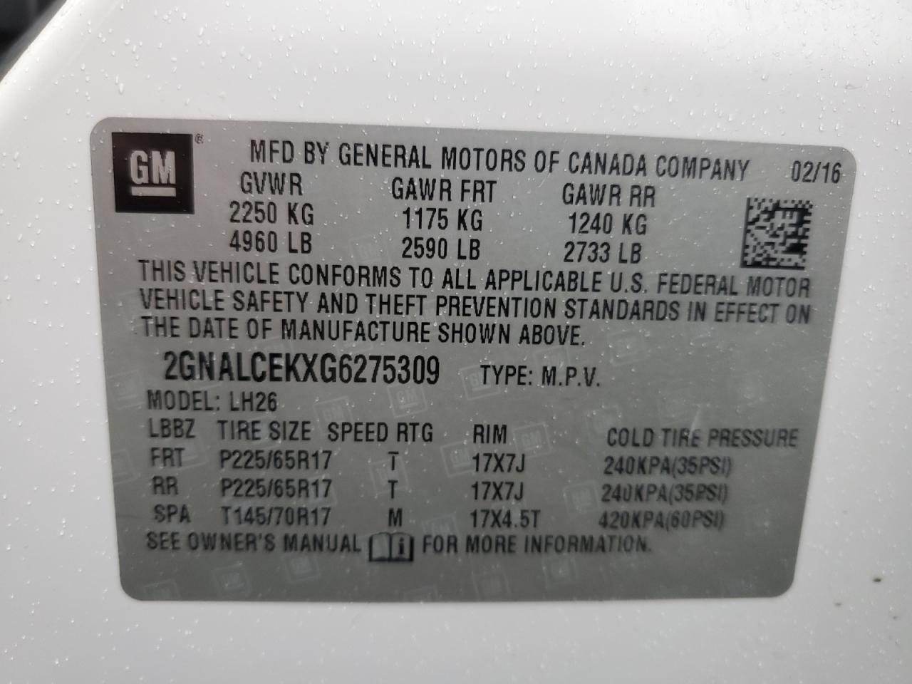 2GNALCEKXG6275309 2016 Chevrolet Equinox Lt