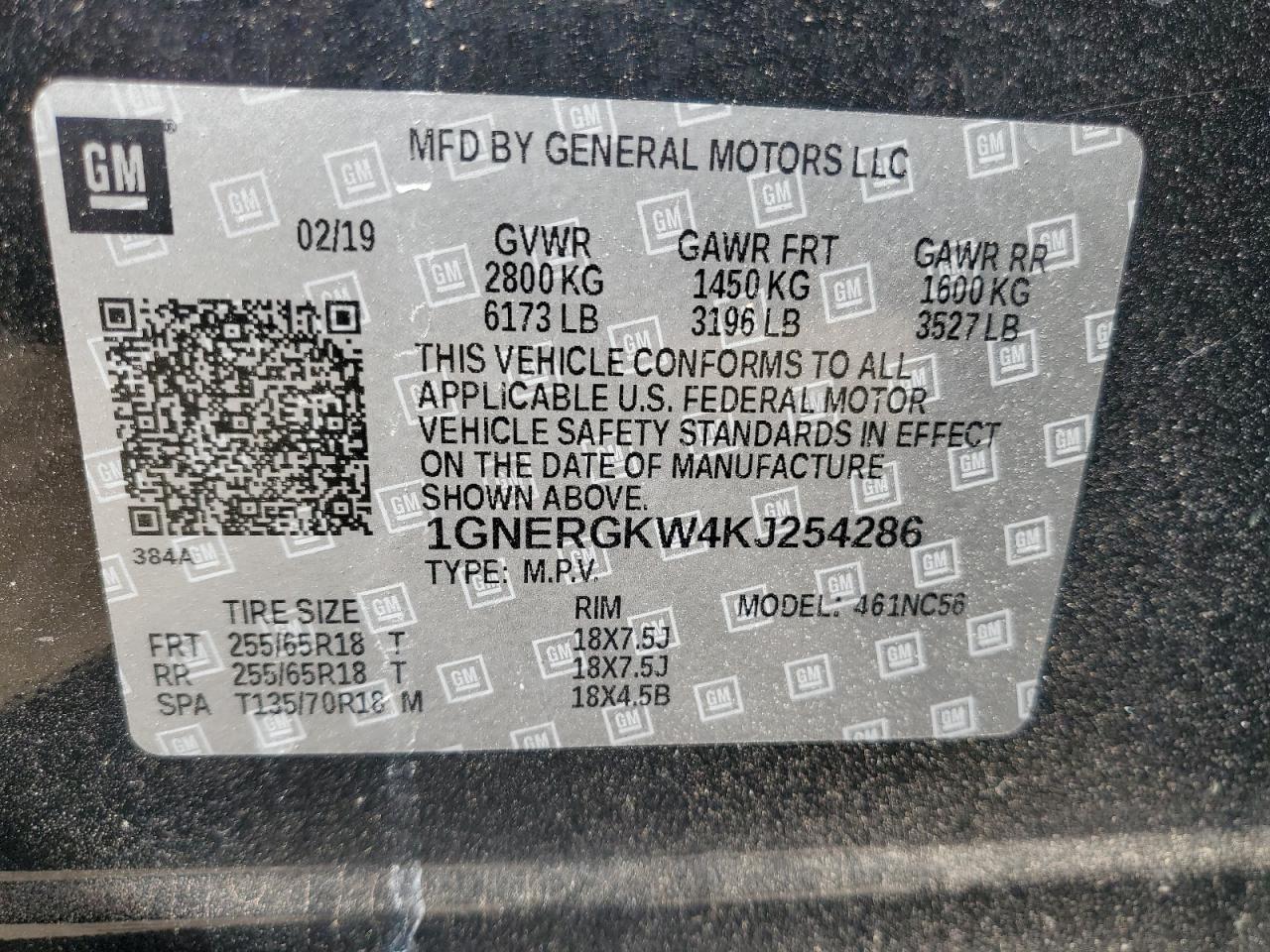 VIN: 1GNERGKW4KJ254286 2019 CHEVROLET TRAVERSE