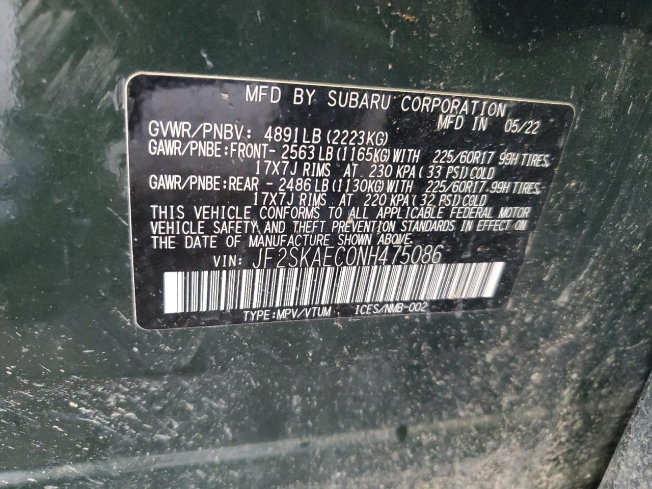 JF2SKAEC0NH475086 2022 Subaru Forester Premium