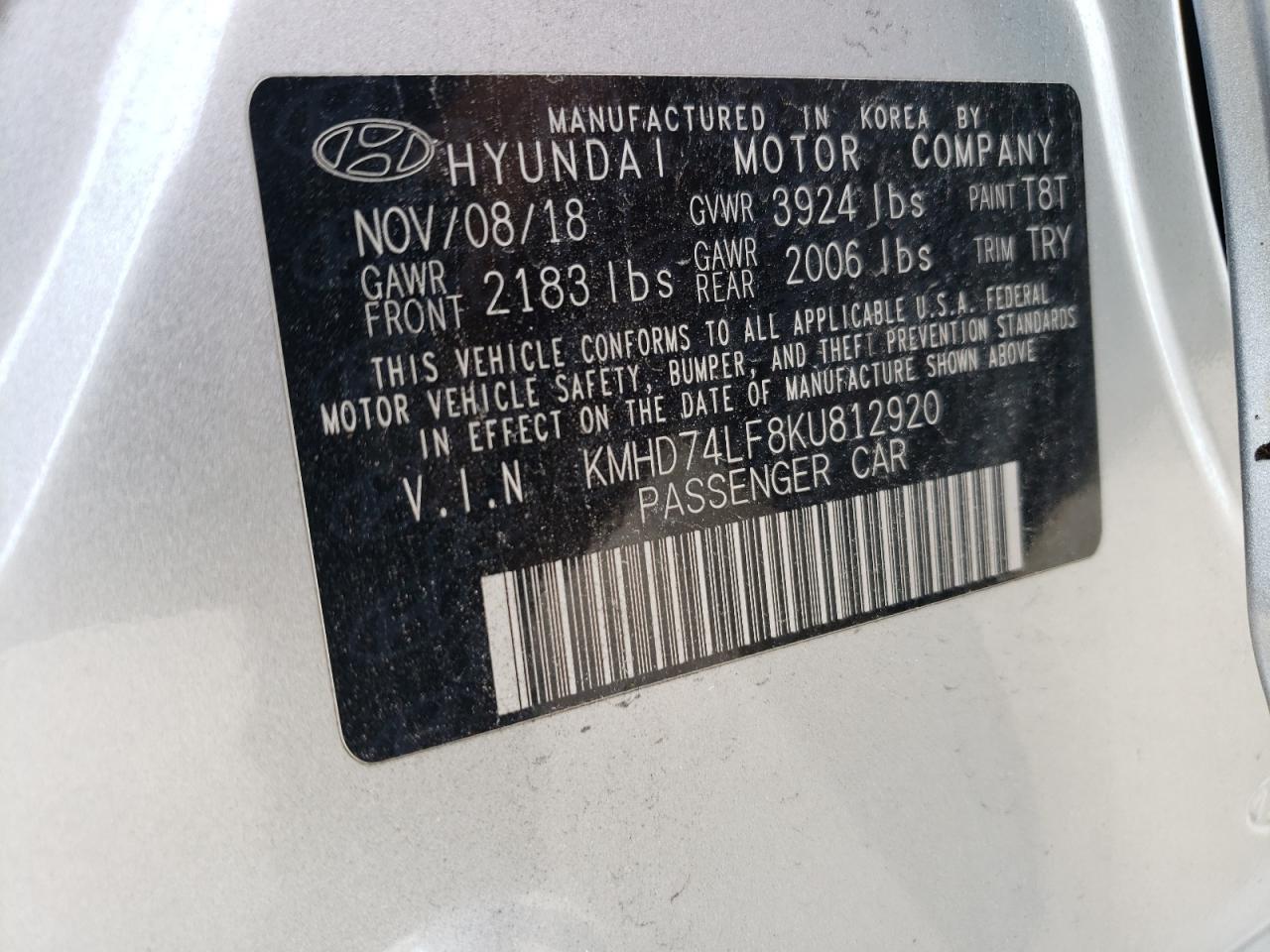 KMHD74LF8KU812920 2019 Hyundai Elantra Se