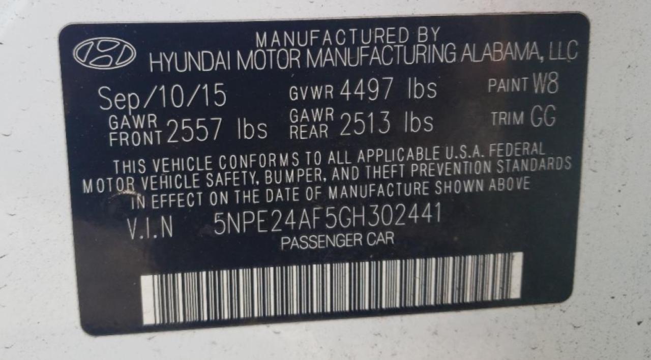 2016 Hyundai Sonata Se vin: 5NPE24AF5GH302441