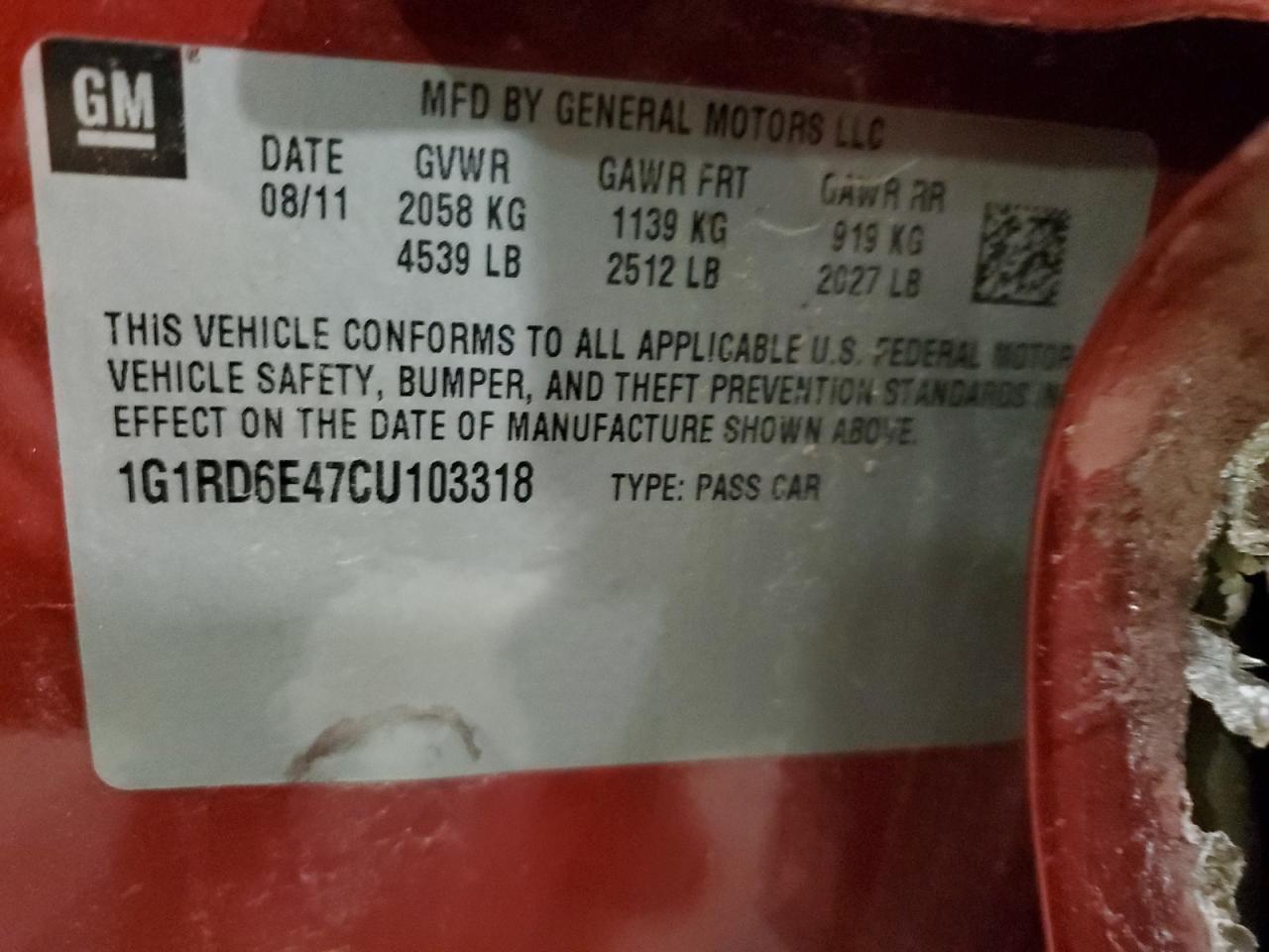 1G1RD6E47CU103318 2012 Chevrolet Volt