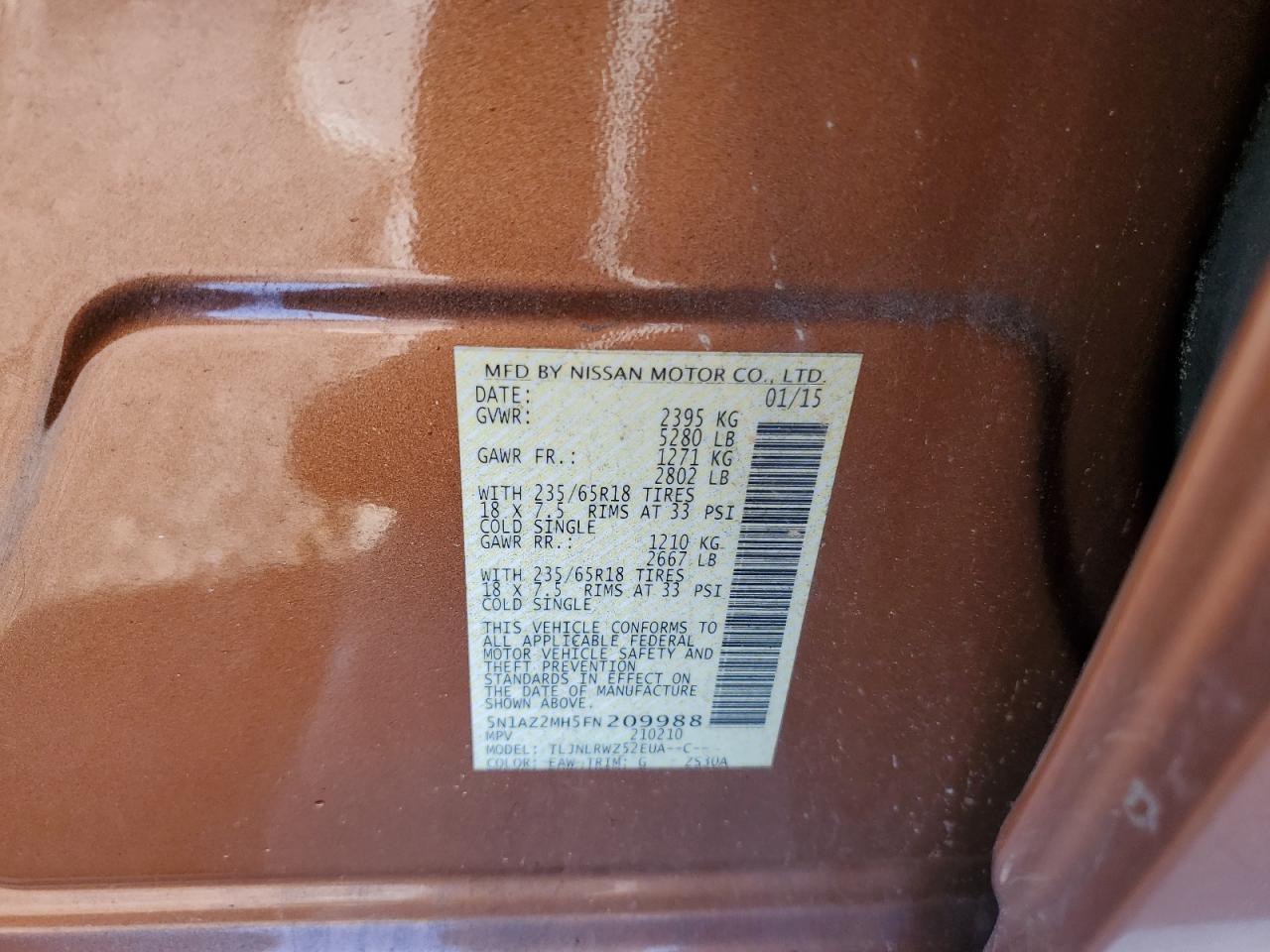 5N1AZ2MH5FN209988 2015 Nissan Murano S