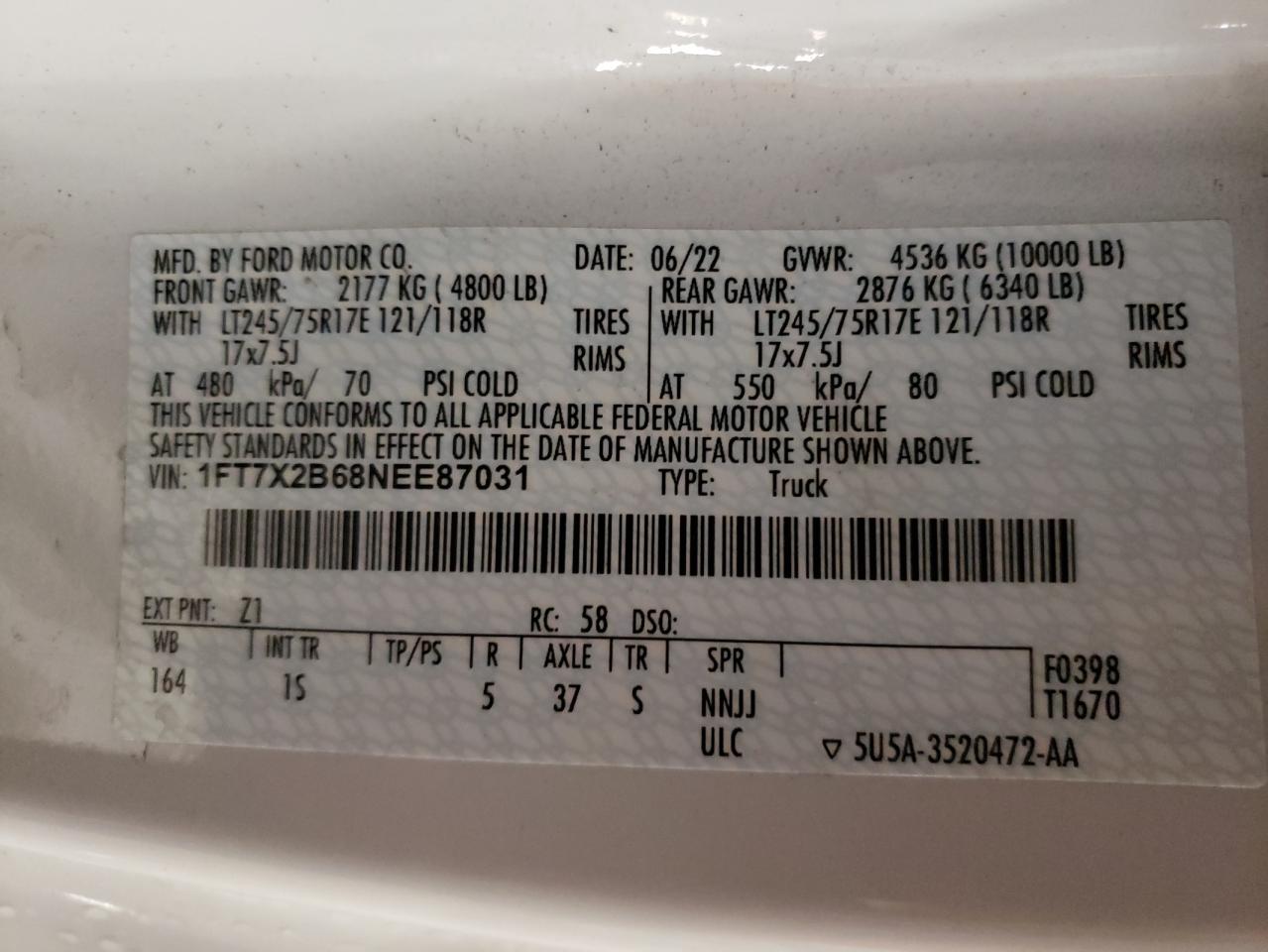 VIN: 1FT7X2B68NEE87031 2022 FORD F250
