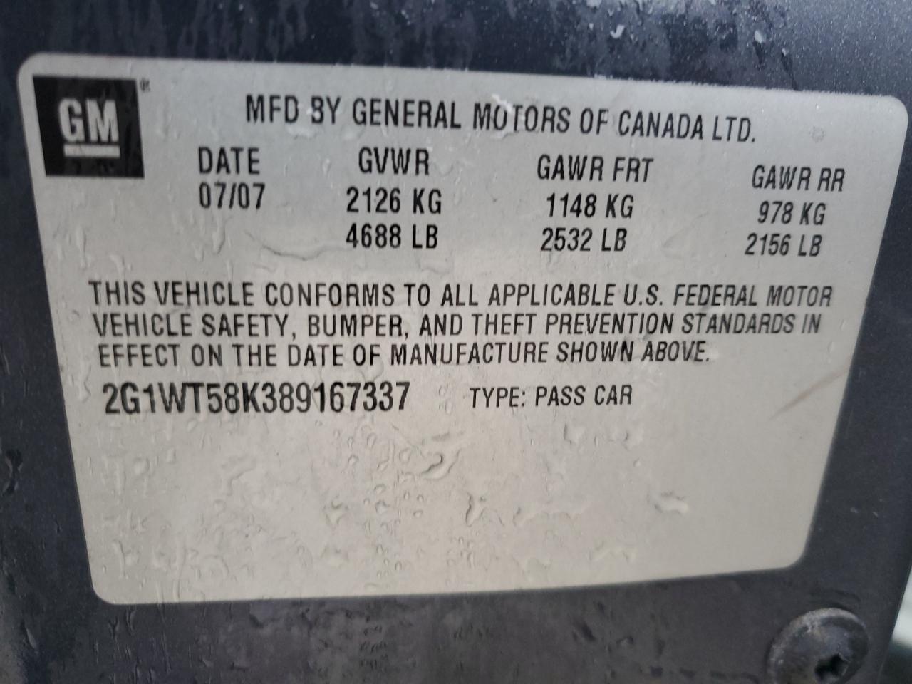 2G1WT58K389167337 2008 Chevrolet Impala Lt