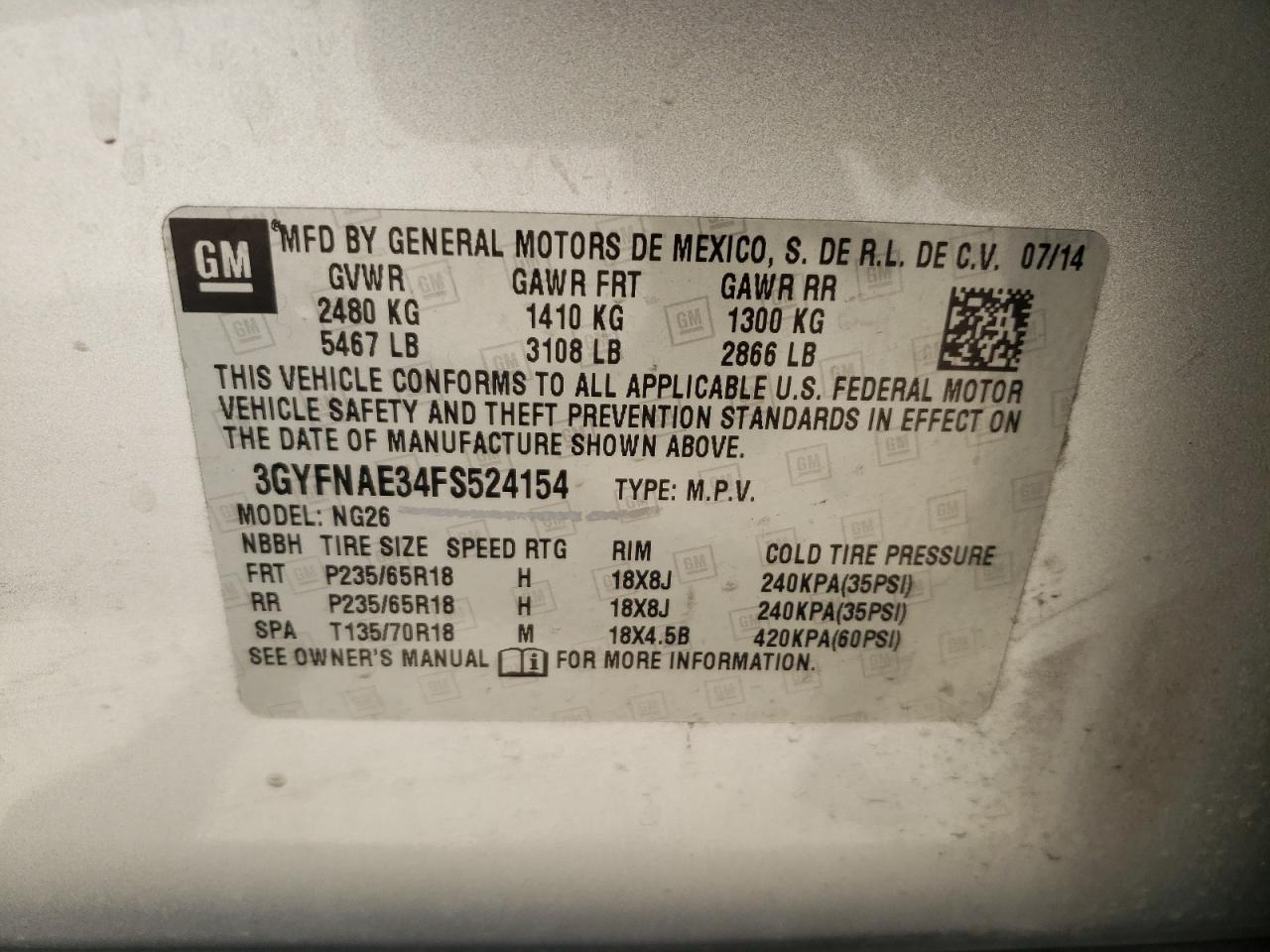 3GYFNAE34FS524154 2015 Cadillac Srx