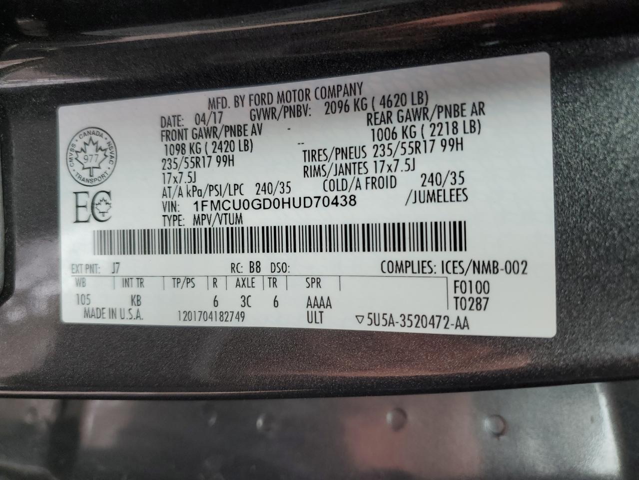 1FMCU0GD0HUD70438 2017 Ford Escape Se