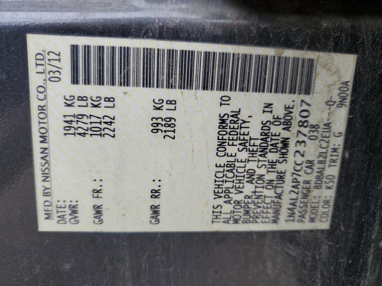 2012 Nissan Altima Base vin: 1N4AL2AP7CC237807