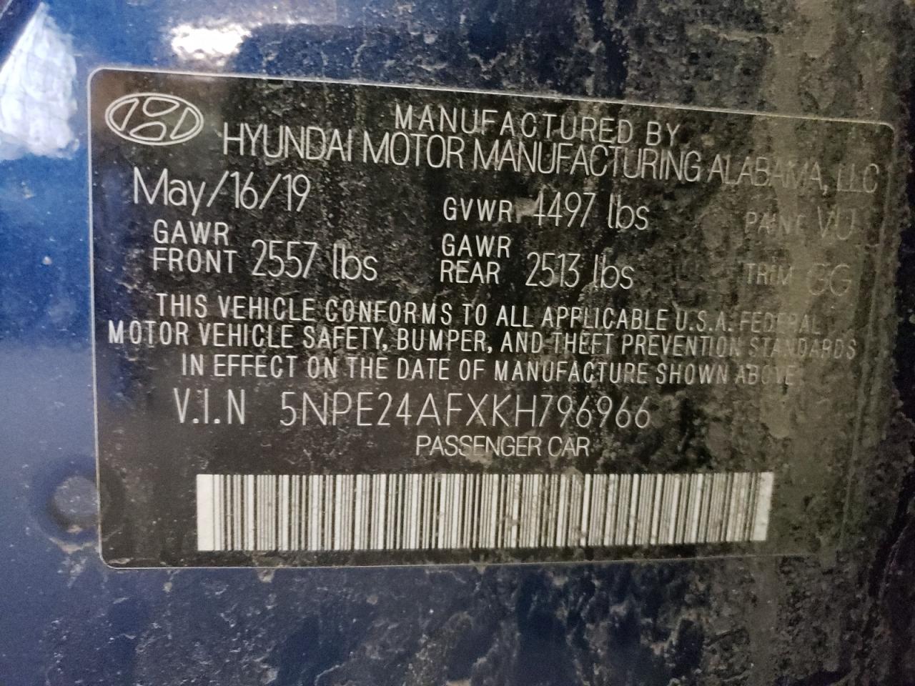 2019 Hyundai Sonata Se vin: 5NPE24AFXKH796966