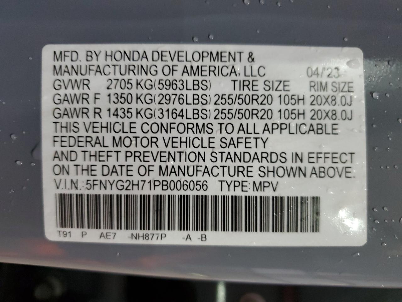 5FNYG2H71PB006056 2023 Honda Pilot Touring