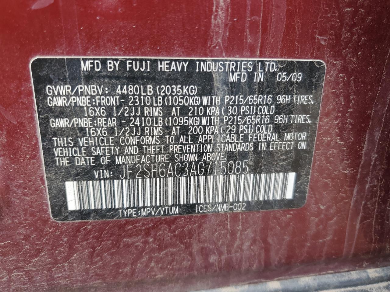 JF2SH6AC3AG715085 2010 Subaru Forester 2.5X