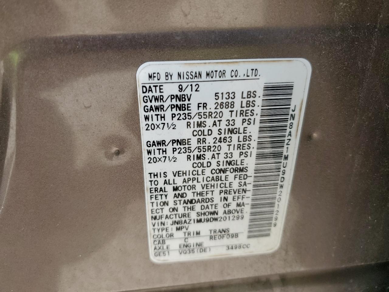 jn8az1mu9dw201299 JN8AZ1MU9DW201299 2013 Nissan Murano S