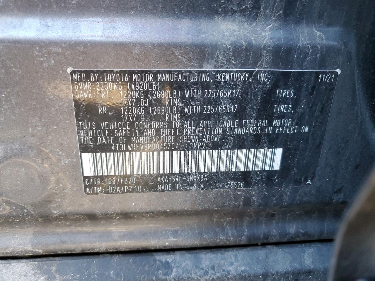 4T3LWRFV6MU045707 2021 Toyota Rav4 Le