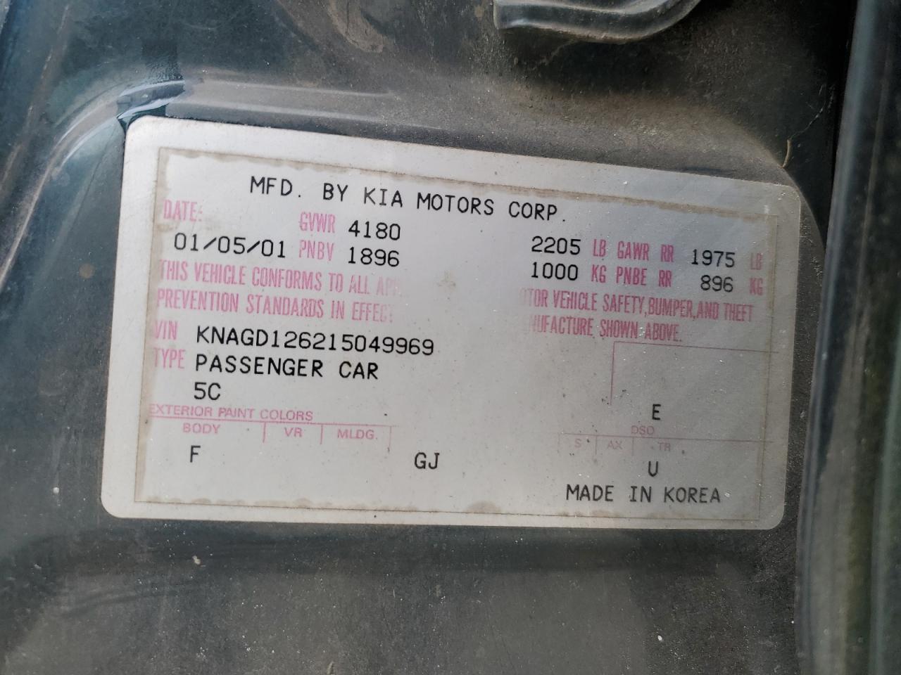 KNAGD126215049969 2001 Kia Optima Magentis