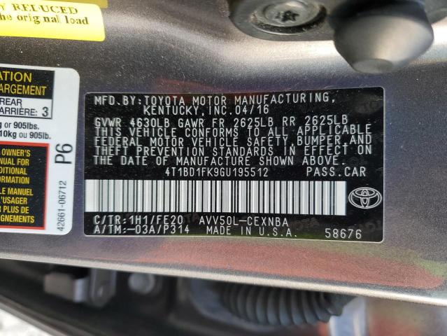 2016 Toyota Camry Hybrid VIN: 4T1BD1FK9GU195512 Lot: 47805184