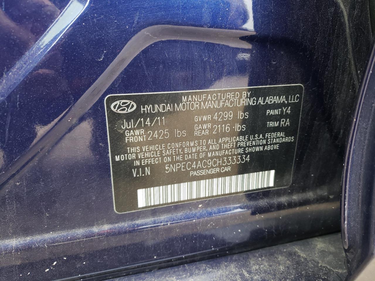 5NPEC4AC9CH333334 2012 Hyundai Sonata Se