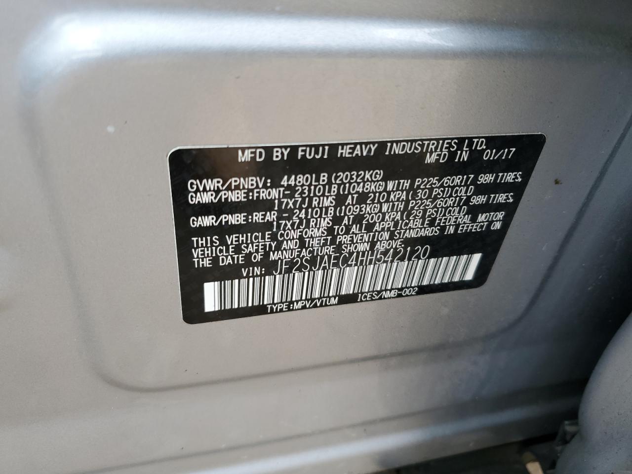 JF2SJAEC4HH542120 2017 Subaru Forester 2.5I Premium