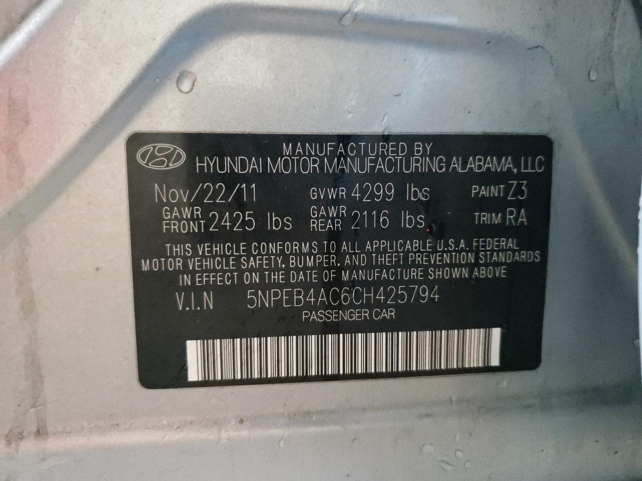 5NPEB4AC6CH425794 2012 Hyundai Sonata Gls