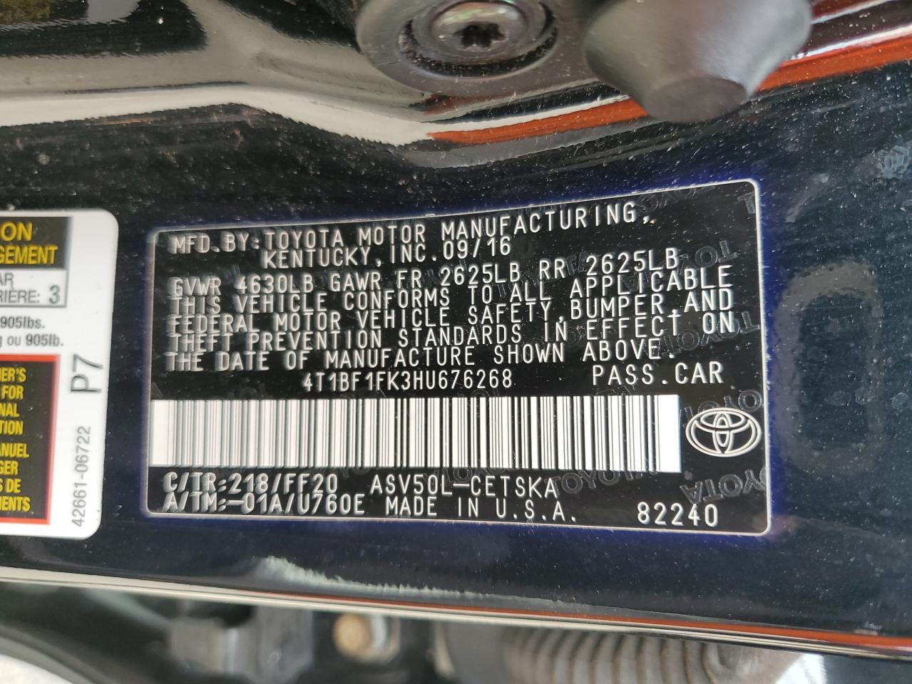 4T1BF1FK3HU676268 2017 Toyota Camry Le