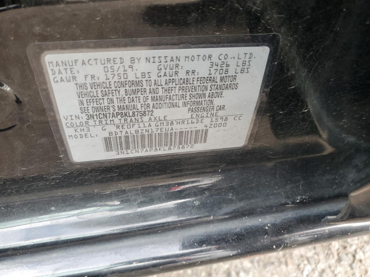 3N1CN7AP8KL875872 2019 Nissan Versa S