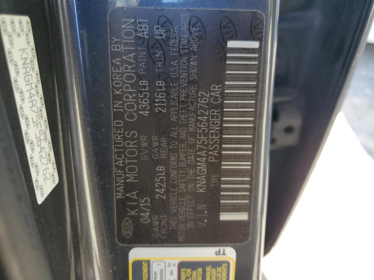 KNAGM4A75F5642762 2015 Kia Optima Lx