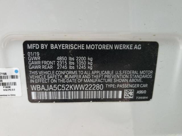 2019 BMW 530 I VIN: WBAJA5C52KWW22280 Lot: 47615974