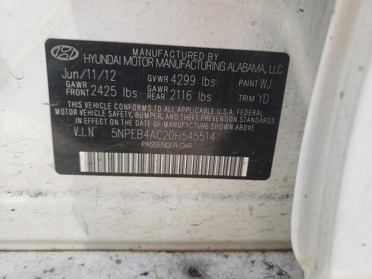 5NPEB4AC2DH545514 2013 Hyundai Sonata Gls