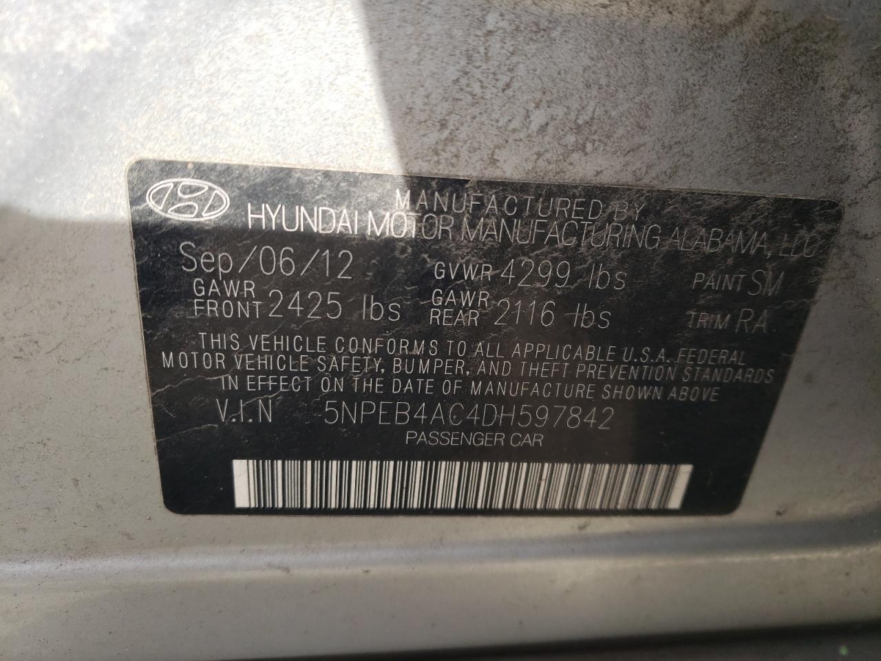 5NPEB4AC4DH597842 2013 Hyundai Sonata Gls