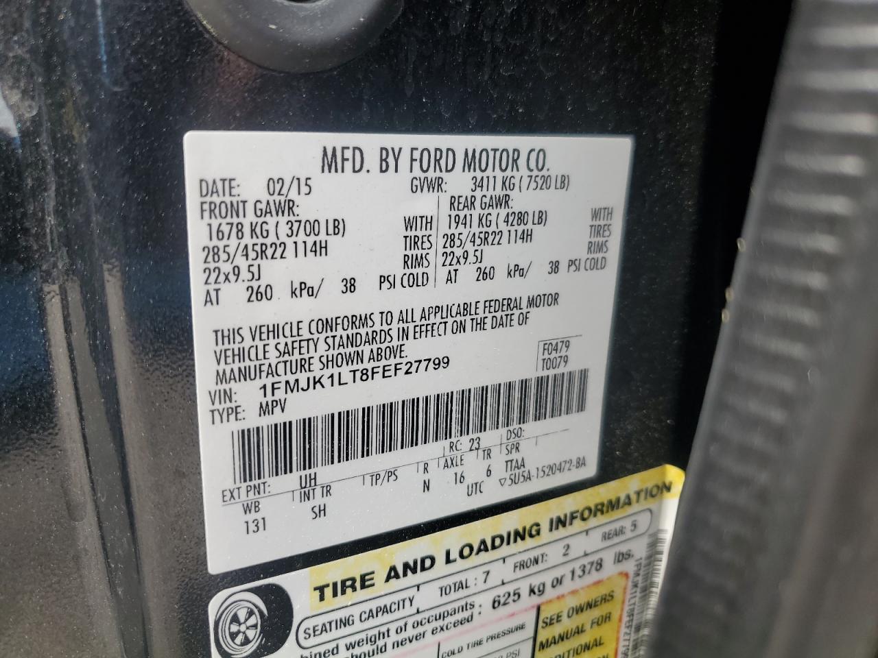 1FMJK1LT8FEF27799 2015 Ford Expedition El Platinum