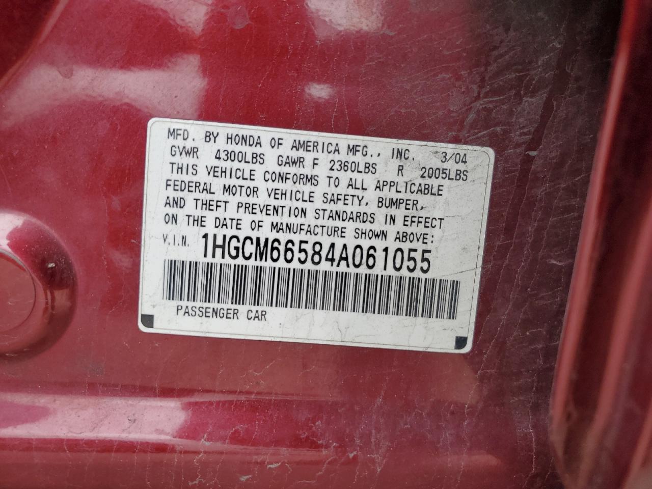 1HGCM66584A061055 2004 Honda Accord Ex